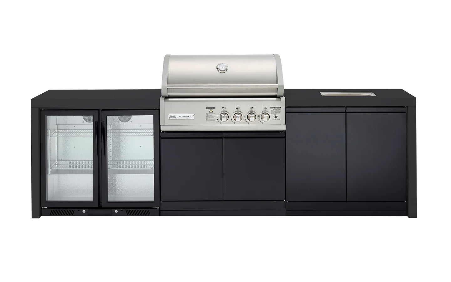 Crossray Premium Black Outdoor Kitchen 4 Burner BBQ, Double Door Fridge & Double Door Cabinet with Sink