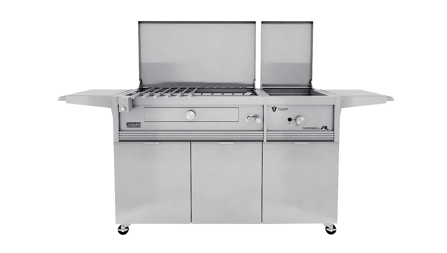 Tucker Charcoal Deluxe Pro BBQ Plus Wok Burner on Cabinet with Hinged Flat Lid