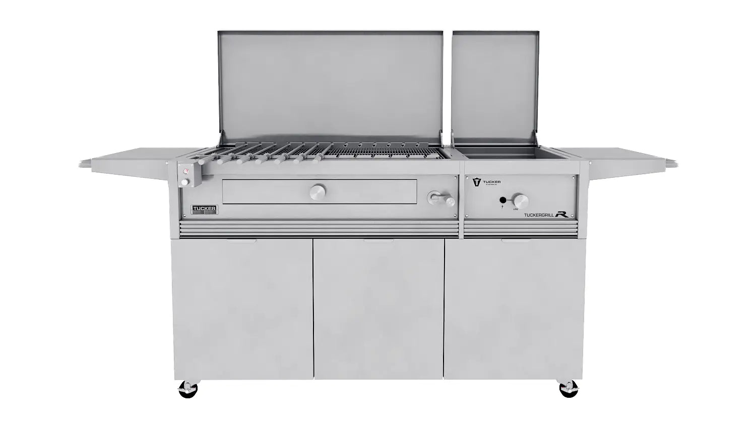 Tucker Charcoal Deluxe Pro XL BBQ on Cabinet Plus Wok Burner with Hinged Lid