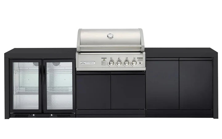 Crossray Premium Black Outdoor Kitchen 4 Burner BBQ, Double Door Cabinet & Single Fridge