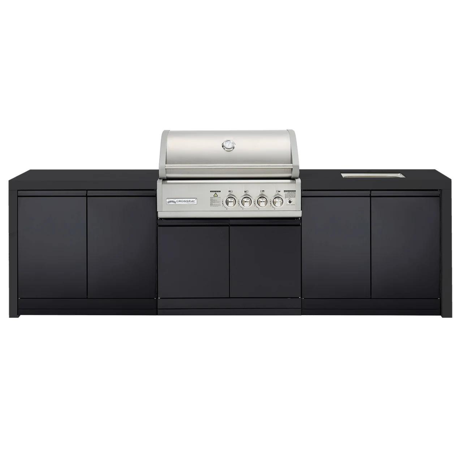 Crossray Premium Black Outdoor Kitchen 4 Burner BBQ, Double Door Side Cabinets & Sink