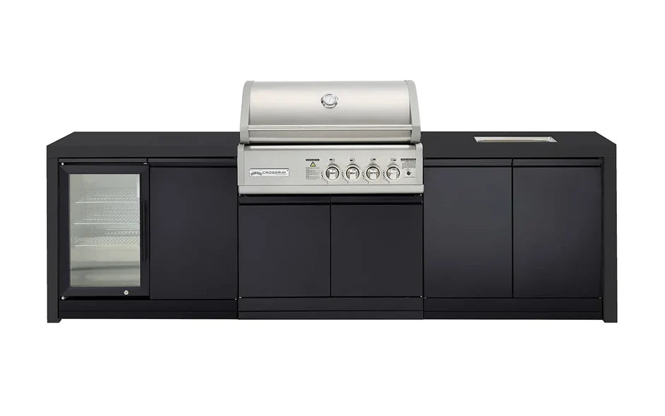 Crossray Premium Black Outdoor Kitchen 4 Burner BBQ, Single Fridge & Double Door Cabinet with Sink