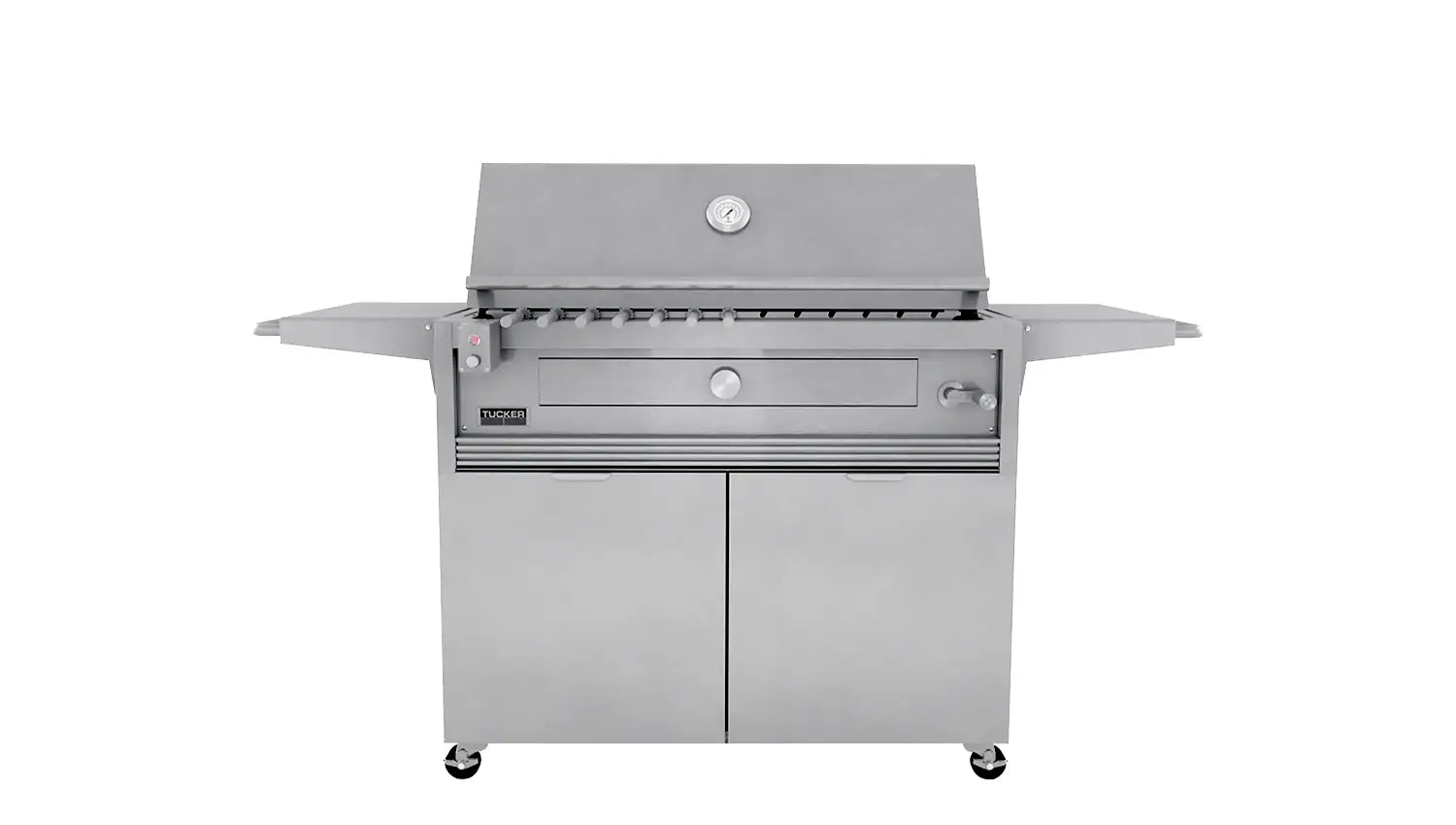 Tucker Charcoal Deluxe Pro XL BBQ on Cabinet with Roasting Hood