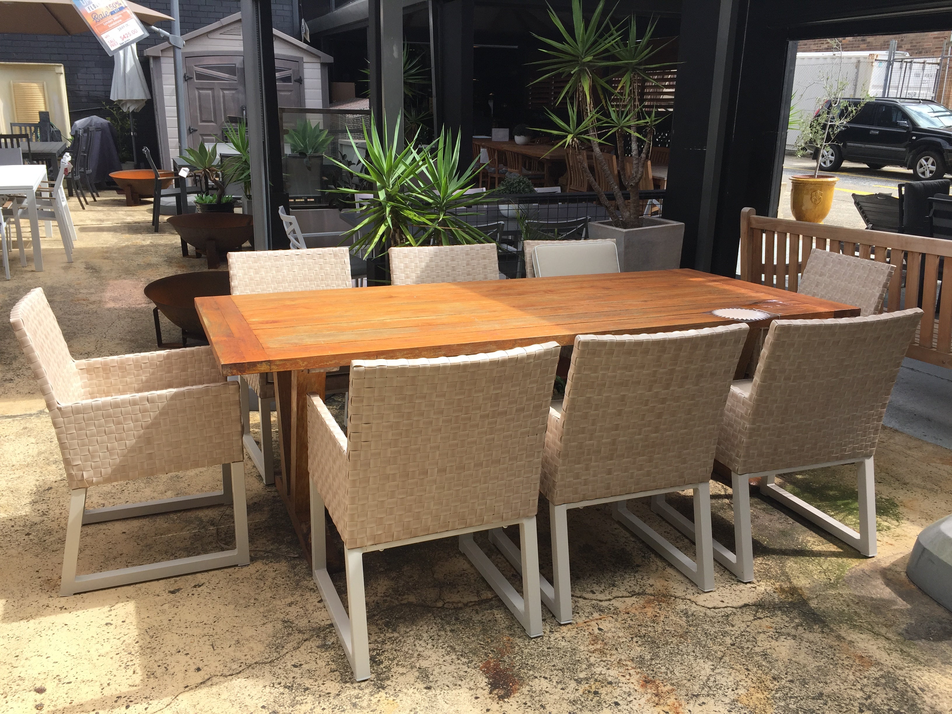 Clearance Sale - Valcor 2400mm x 110mm Teak Table with 8 Milan Chairs