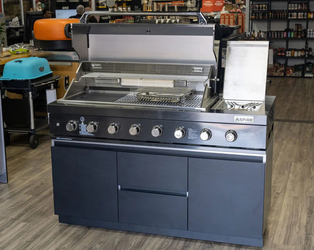 Aspire Stainless Steel 6 Burner BBQ on cabinet