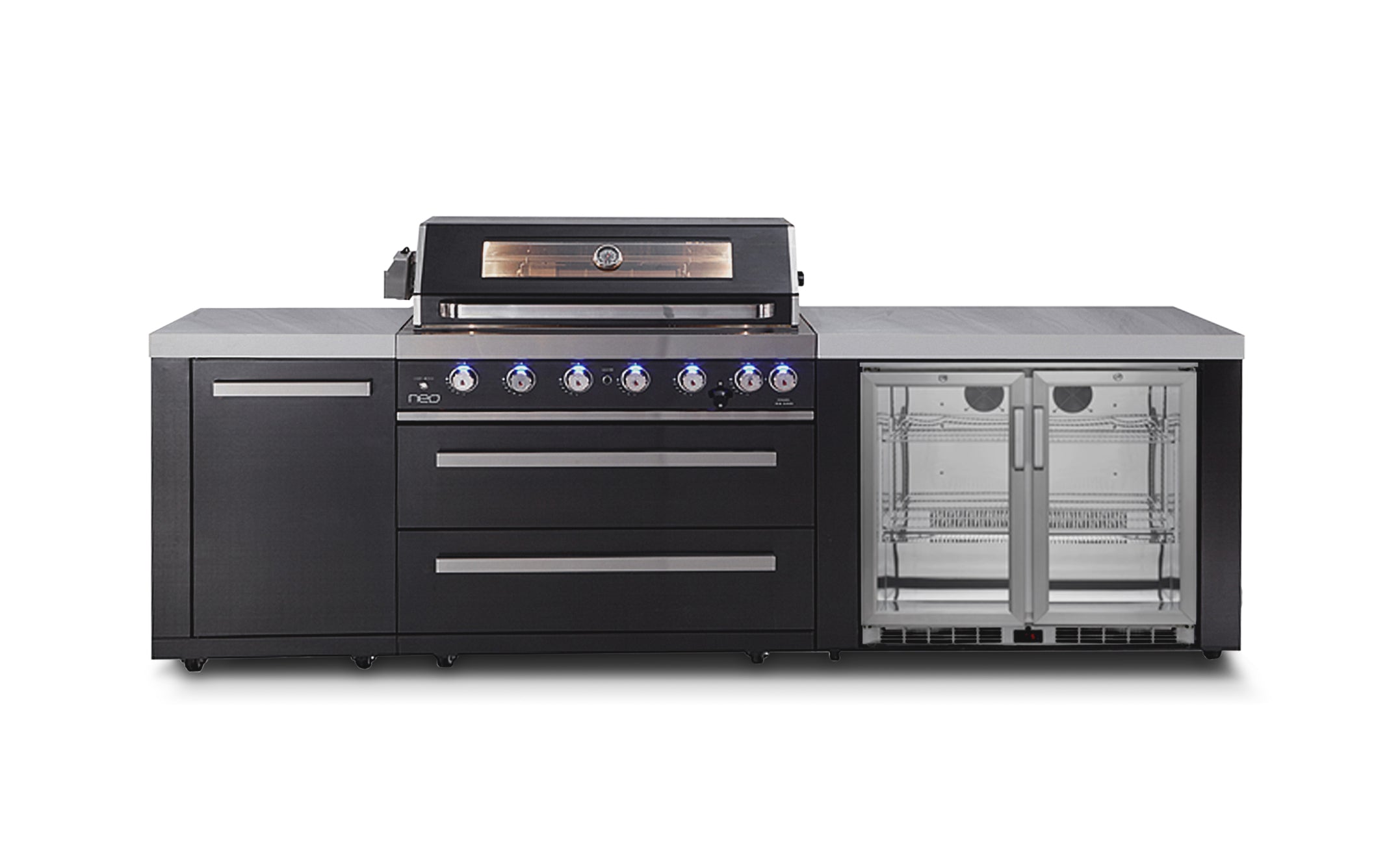 Everdure Neo Black Outdoor Kitchen With BBQ, 208L Double Door Fridge and Storage