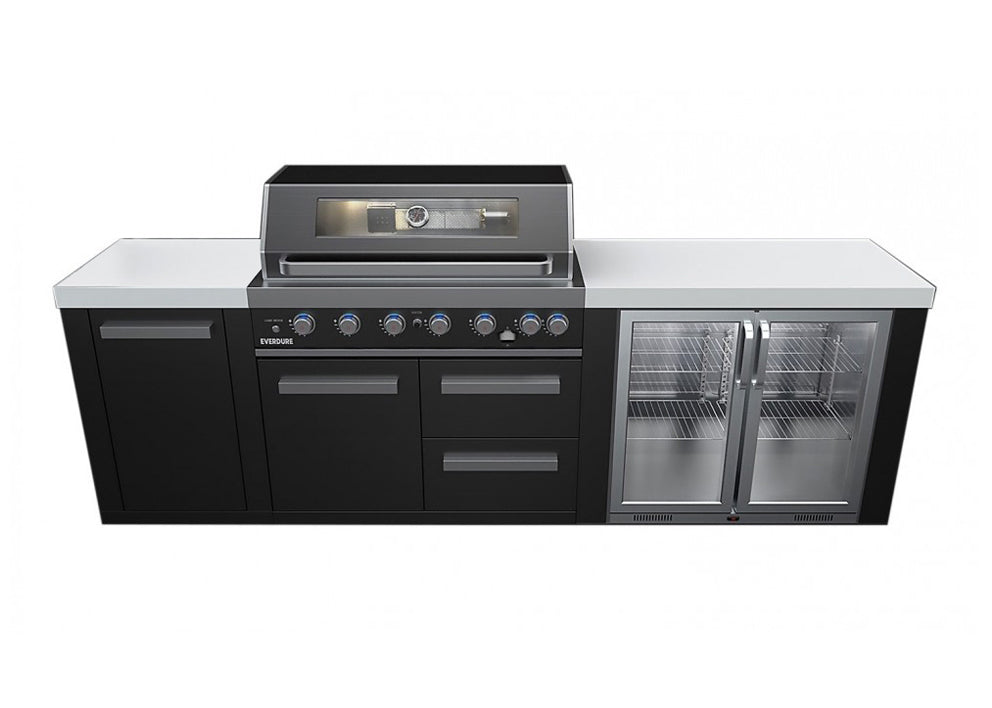 Everdure Neo Black Outdoor Kitchen With BBQ, 208L Double Door Fridge and Storage