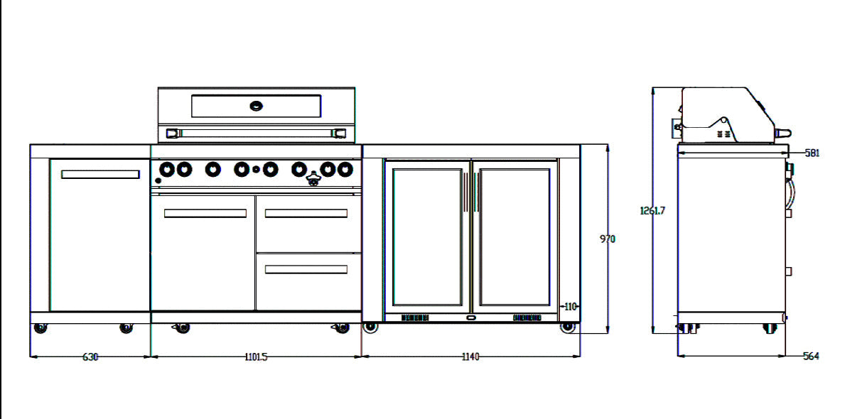 Everdure Neo Black Outdoor Kitchen With BBQ, 208L Double Door Fridge and Storage