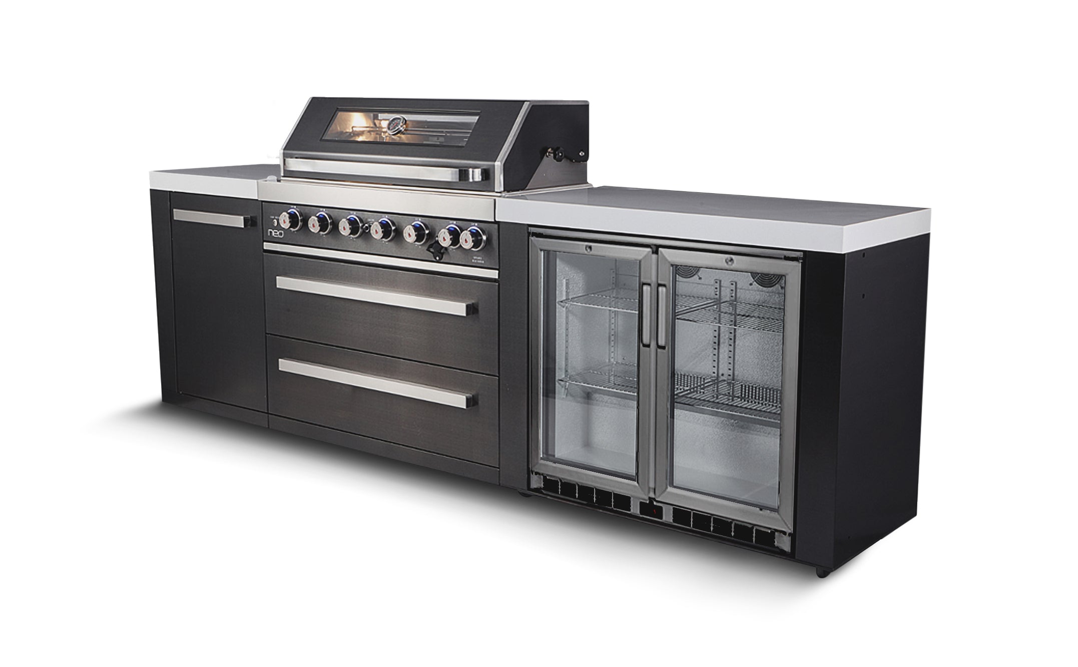 Everdure Neo Black Outdoor Kitchen With BBQ, 208L Double Door Fridge and Storage