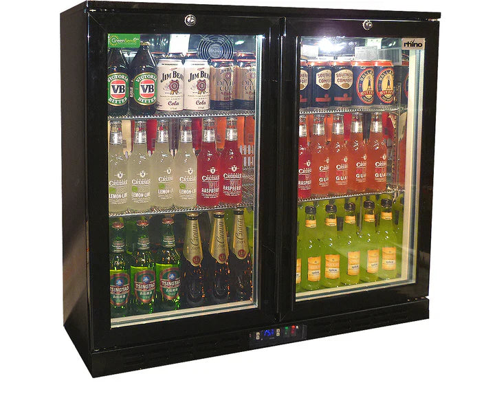 RHINO LG Compressor Alfresco Glass heated Door 208L Black Bar Fridge SG2H-B-HD