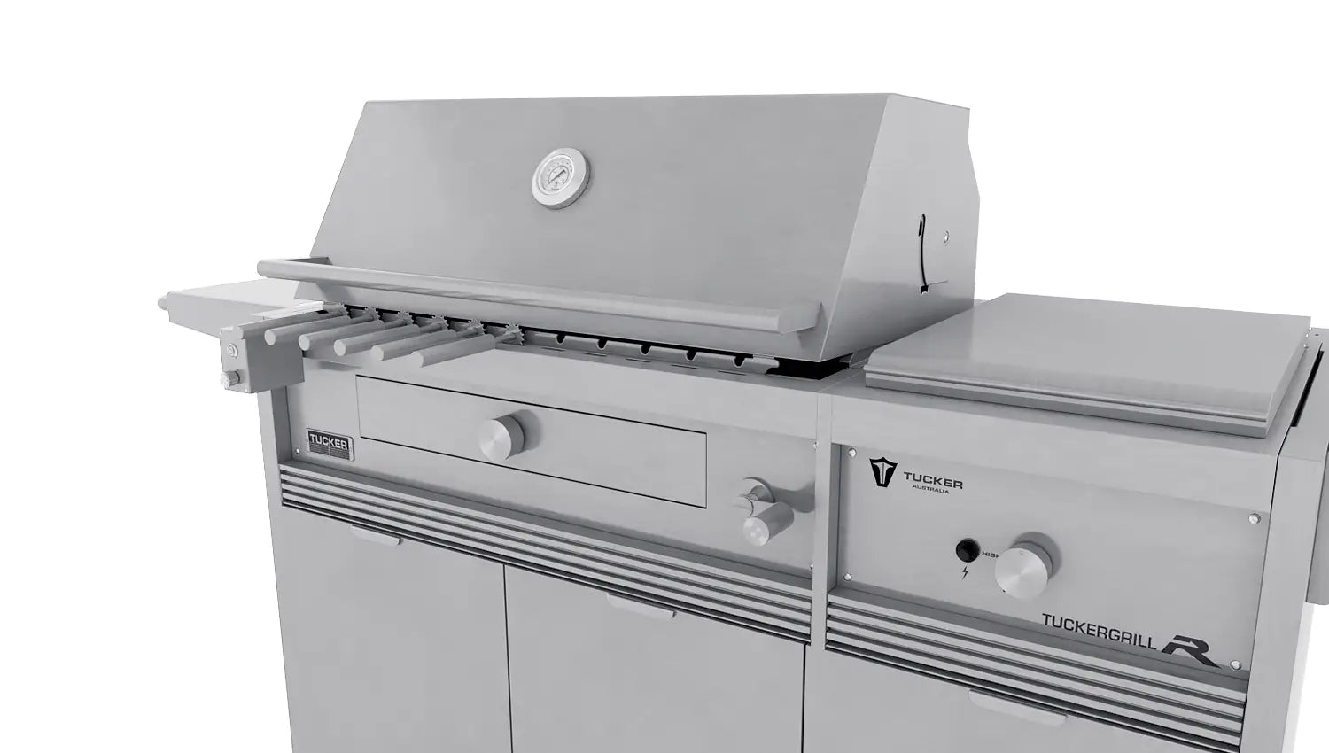 Tucker Charcoal Deluxe Pro BBQ Plus Wok Burner on Cabinet with Roasting Hood and Wok Hinged Lid