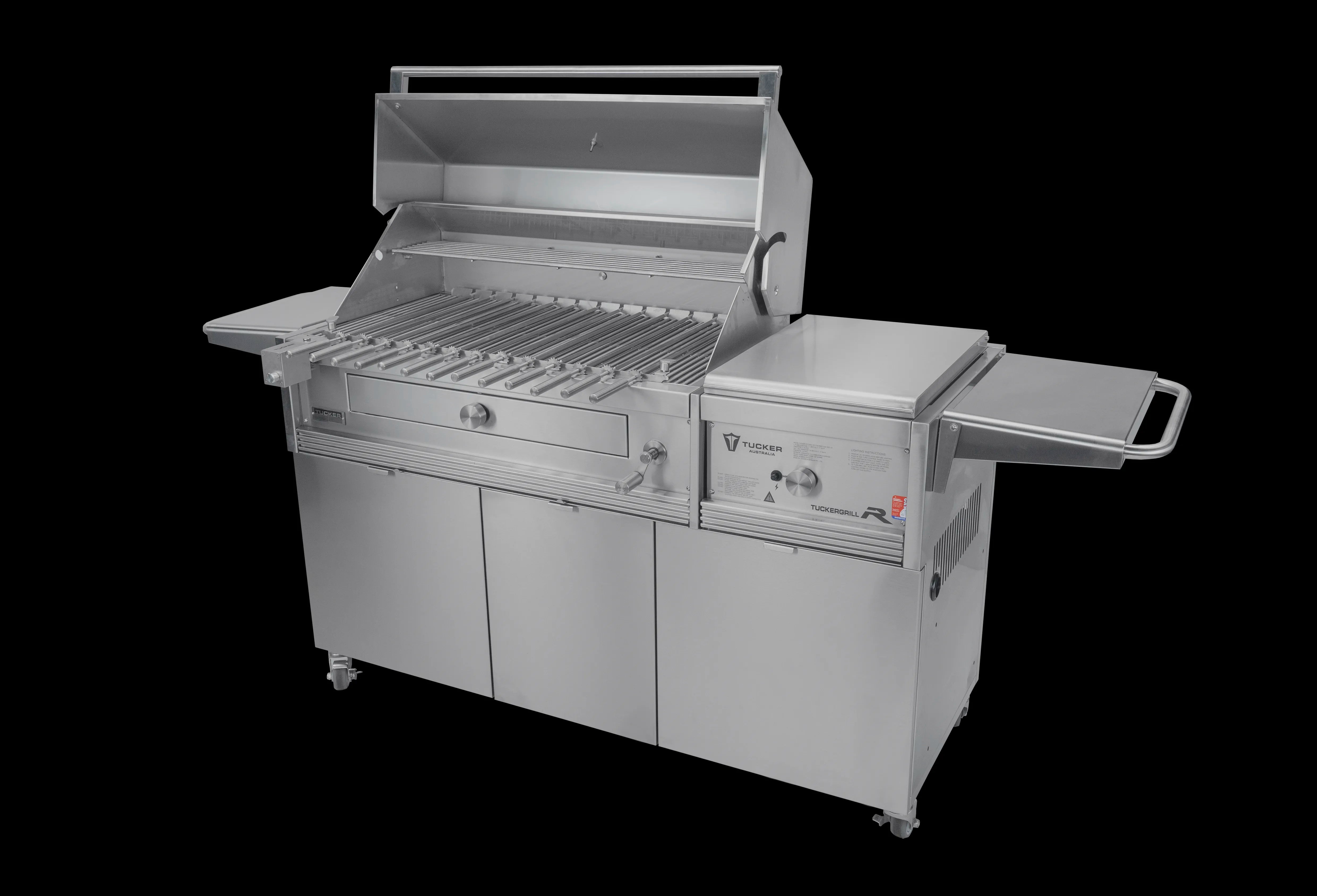 Tucker Charcoal Deluxe Pro XL BBQ on Cabinet Plus Wok Burner with Roasting Hood and Wok Hinged Lid