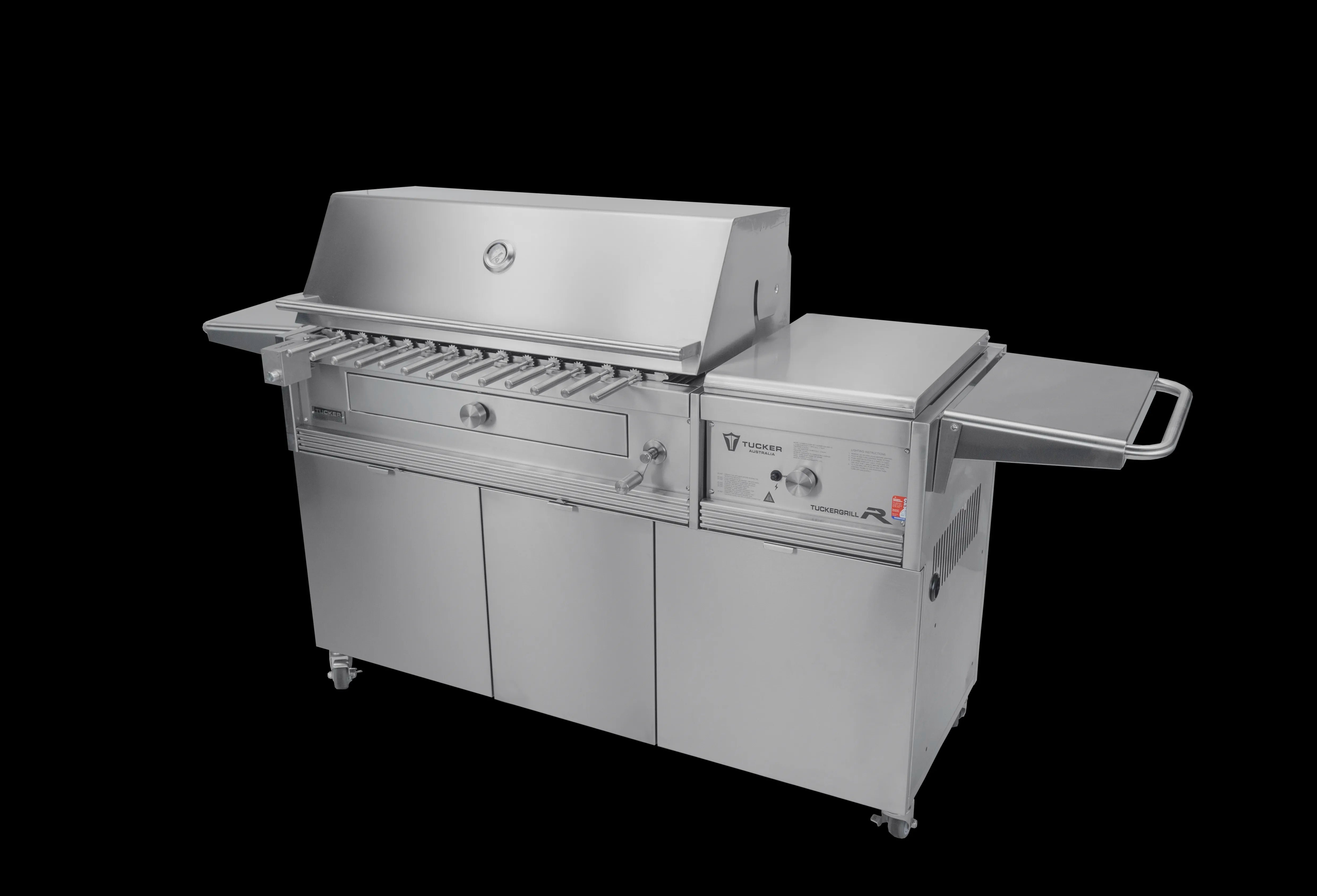 Tucker Charcoal Deluxe Pro XL BBQ on Cabinet Plus Wok Burner with Roasting Hood and Wok Hinged Lid