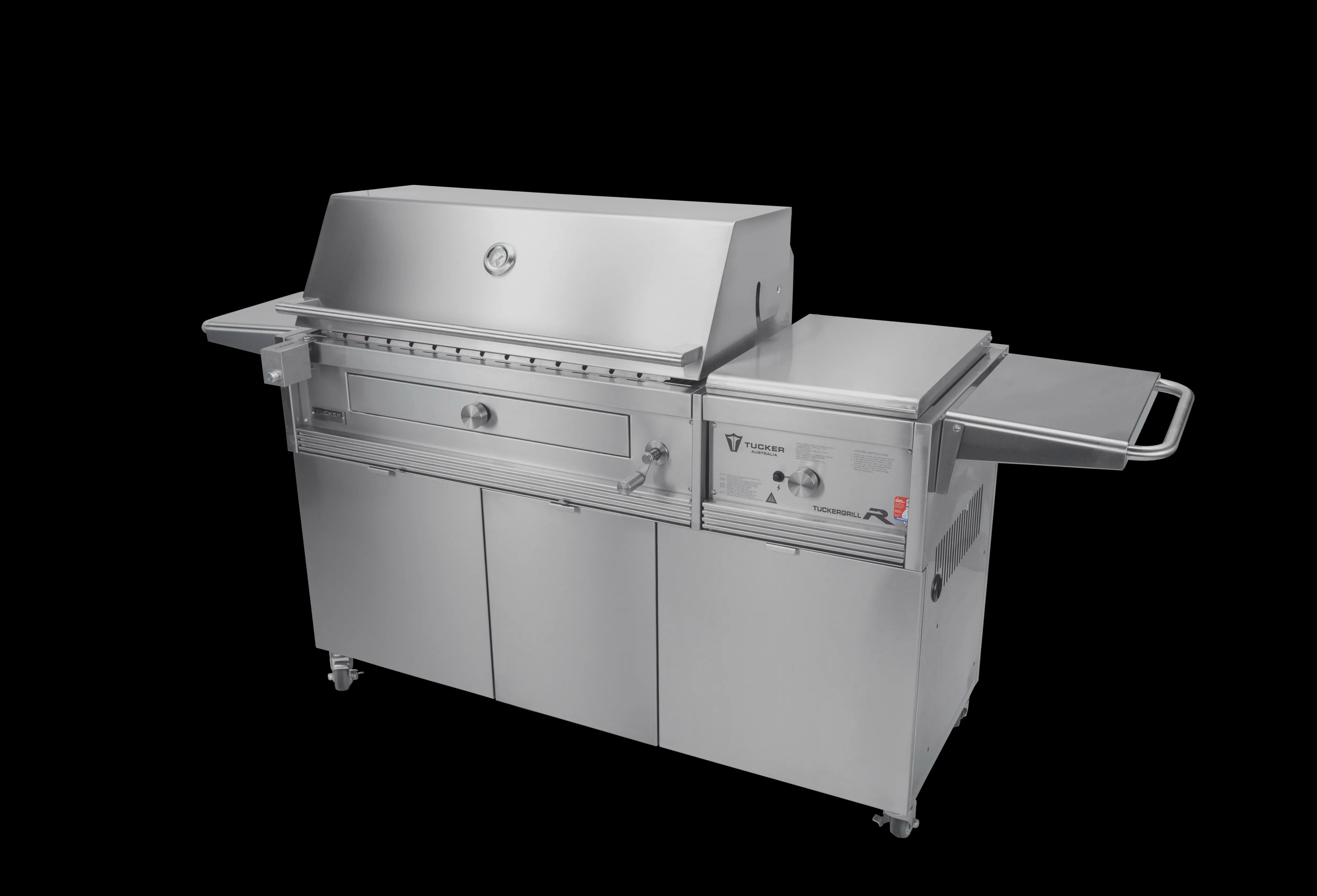 Tucker Charcoal Deluxe Pro XL BBQ on Cabinet Plus Wok Burner with Roasting Hood and Wok Hinged Lid