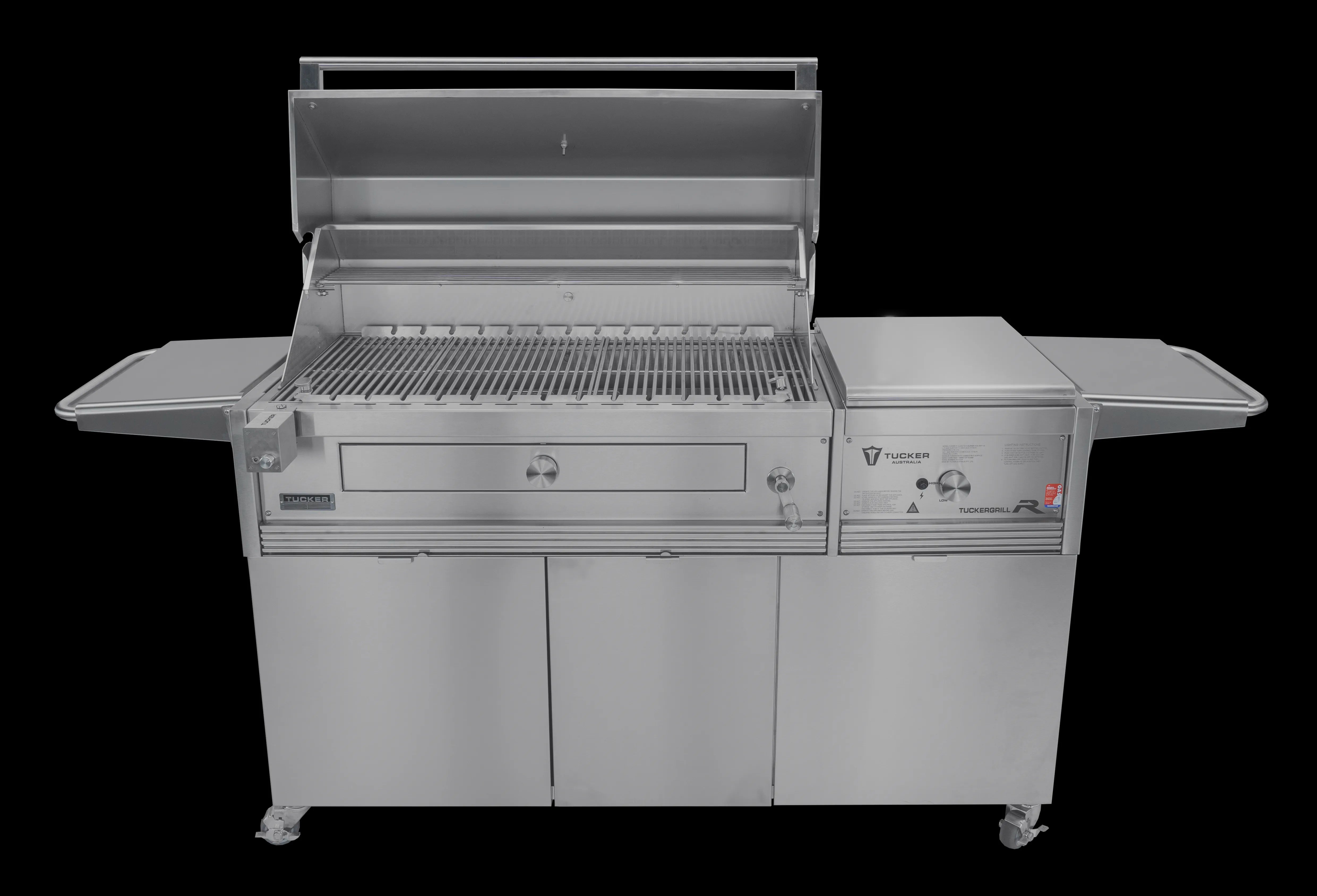 Tucker Charcoal Deluxe Pro XL BBQ on Cabinet Plus Wok Burner with Roasting Hood and Wok Hinged Lid