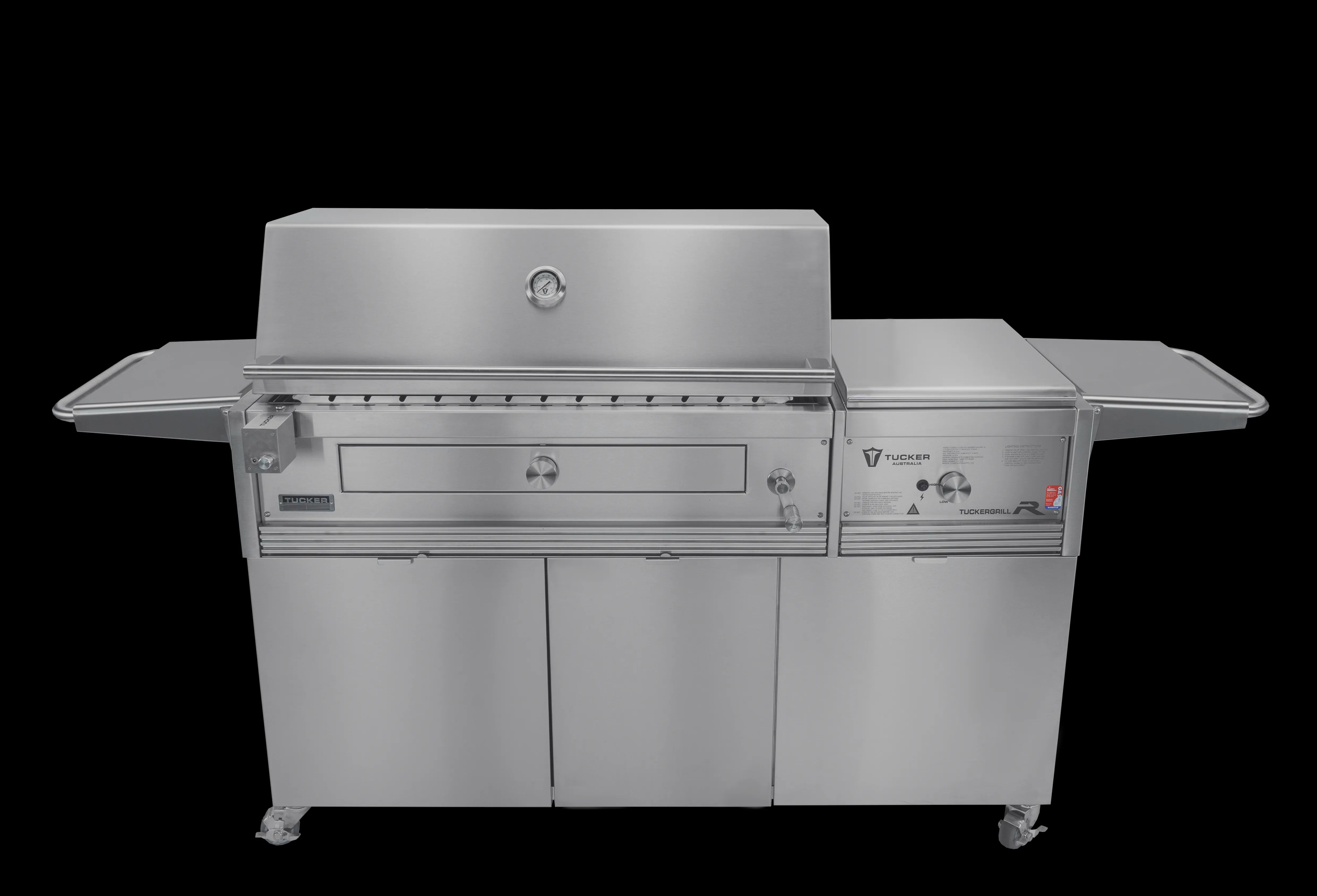 Tucker Charcoal Deluxe Pro XL BBQ on Cabinet Plus Wok Burner with Roasting Hood and Wok Hinged Lid