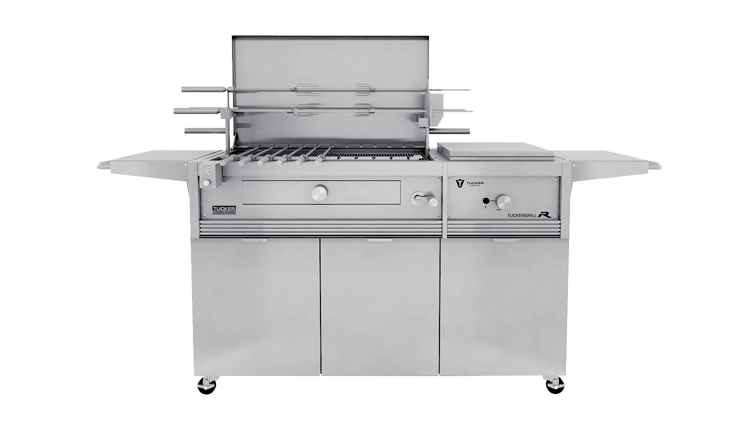 Tucker Charcoal Deluxe Pro BBQ Plus Wok Burner on Cabinet with Hinged Flat Lid