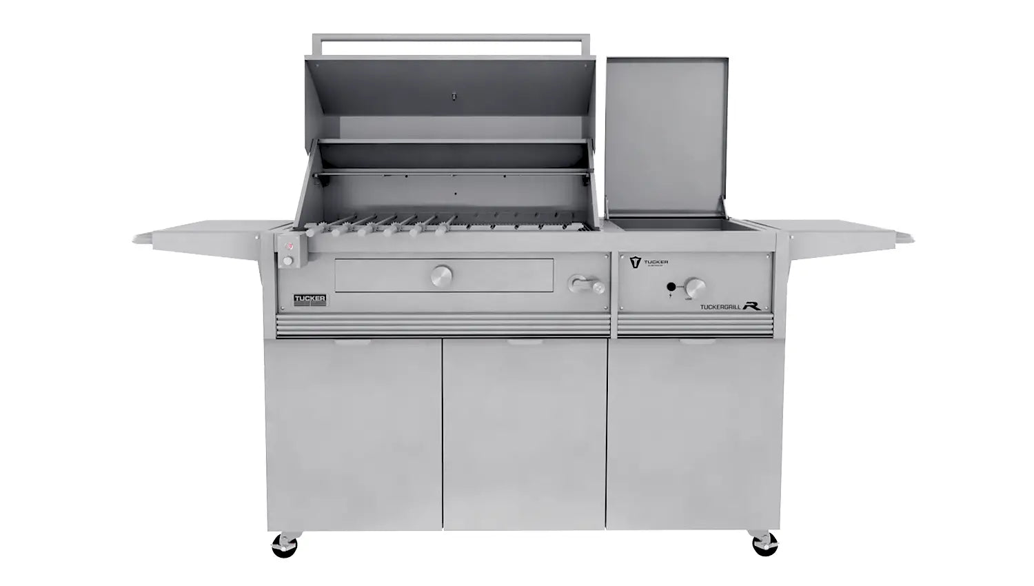 Tucker Charcoal Deluxe Pro BBQ Plus Wok Burner on Cabinet with Roasting Hood and Wok Hinged Lid