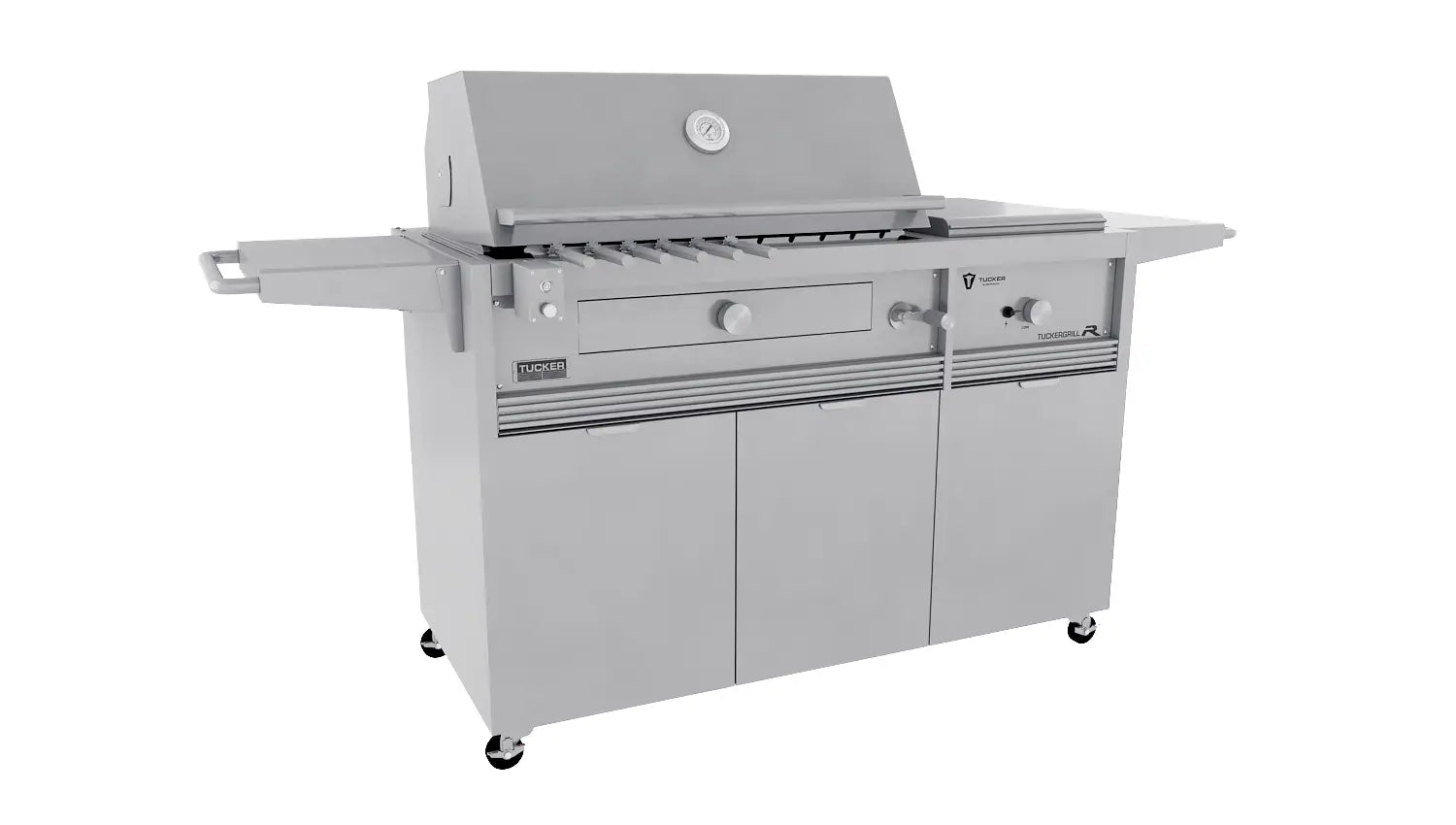 Tucker Charcoal Deluxe Pro BBQ Plus Wok Burner on Cabinet with Roasting Hood and Wok Hinged Lid
