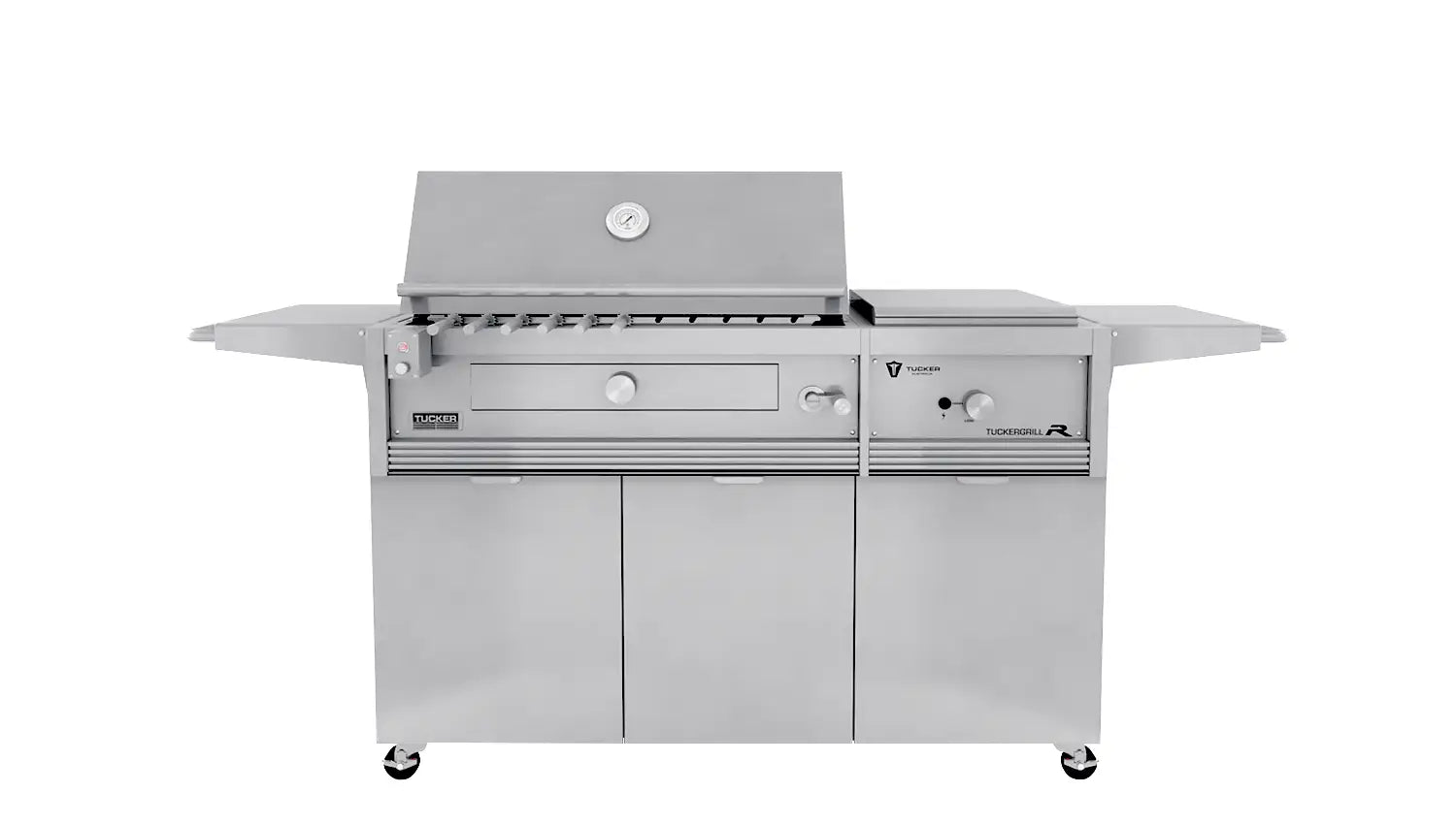 Tucker Charcoal Deluxe Pro BBQ Plus Wok Burner on Cabinet with Roasting Hood and Wok Hinged Lid