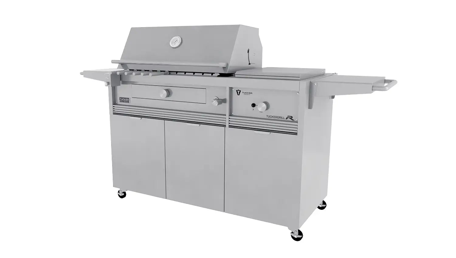 Tucker Charcoal Deluxe Pro BBQ Plus Wok Burner on Cabinet with Roasting Hood and Wok Hinged Lid