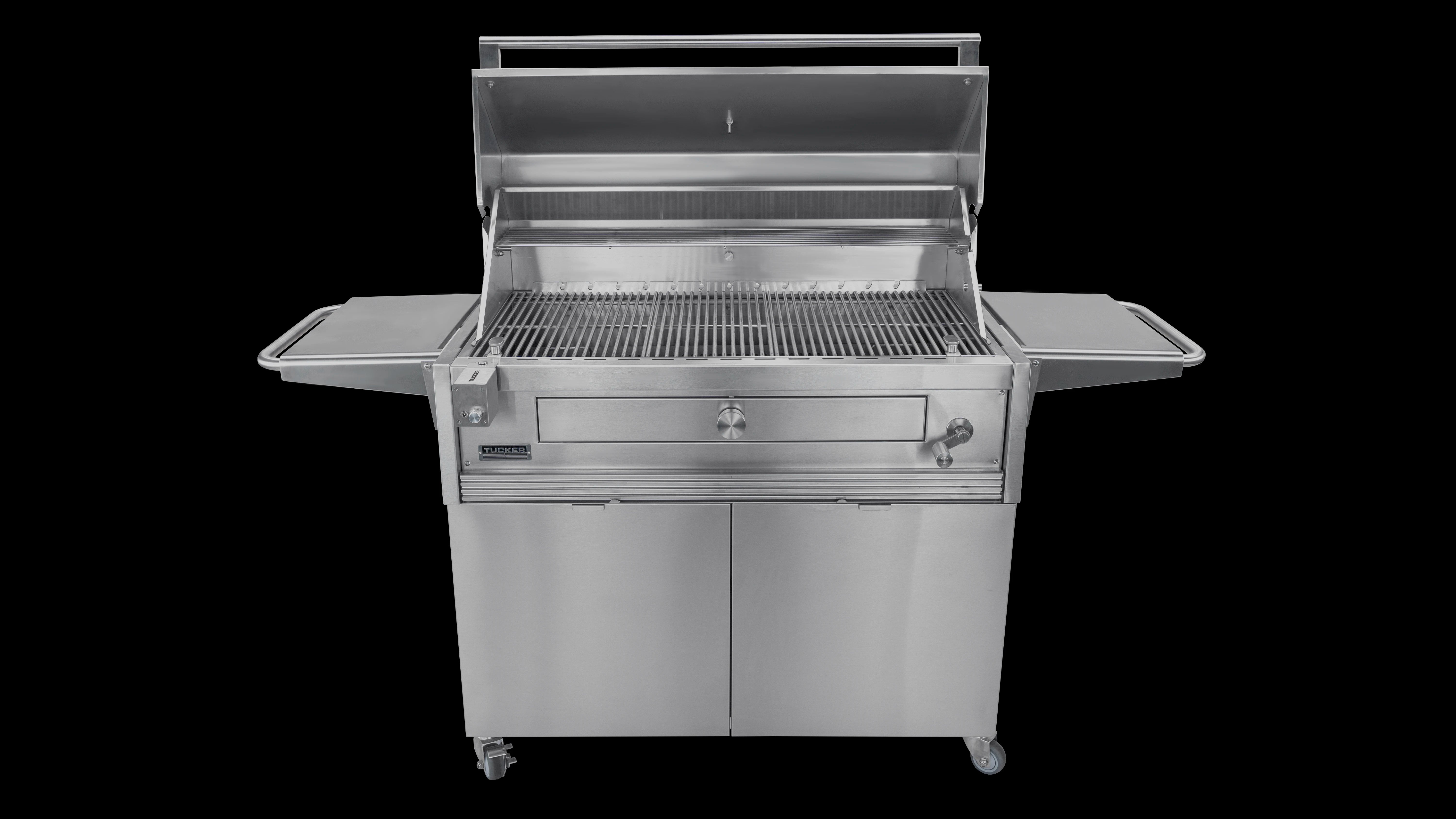 Tucker Charcoal Deluxe Pro XL BBQ on Cabinet with Roasting Hood