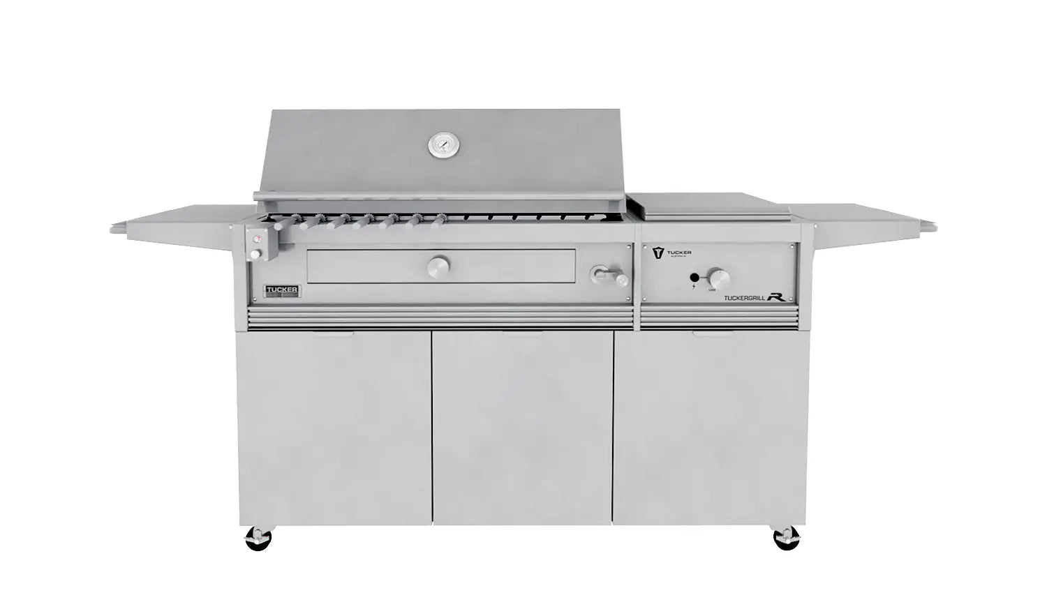 Tucker Charcoal Deluxe Pro XL BBQ on Cabinet Plus Wok Burner with Roasting Hood and Wok Hinged Lid