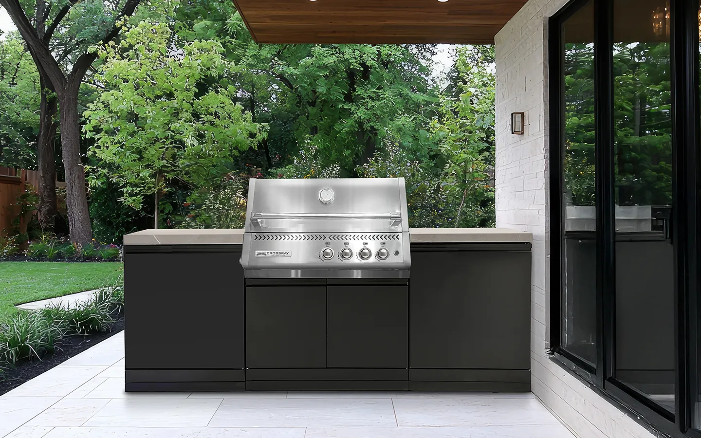 Crossray Xplor Compact Grey Outdoor Kitchen with Black 4 Burner BBQ - Tucker Barbecues