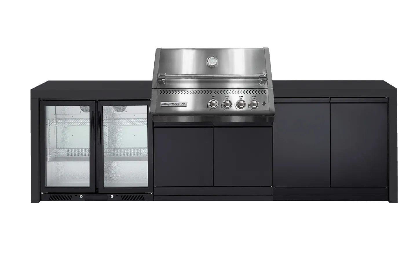 Crossray Xplor Black Outdoor Kitchen 4 Burner BBQ Double Fridge & Double Side Cabinets