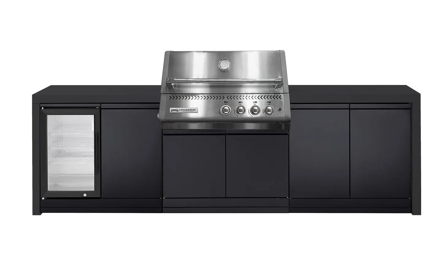 Crossray Xplor Black Outdoor Kitchen 4 Burner BBQ Single Fridge & Double Side Cabinets