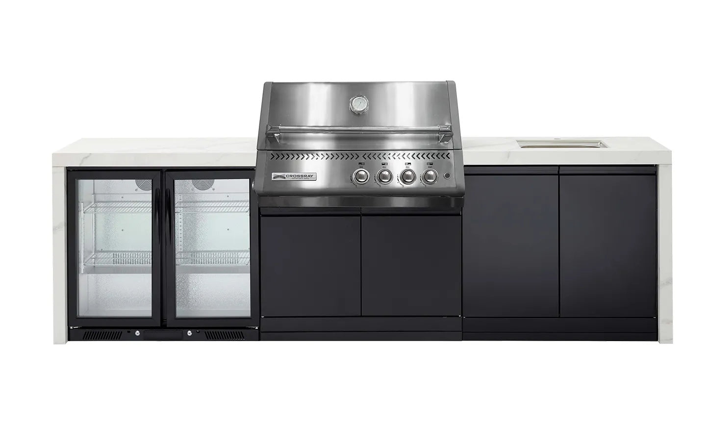 Crossray Xplor Outdoor Kitchen 4 Burner BBQ Double Fridge Sink & Double Side Cabinets