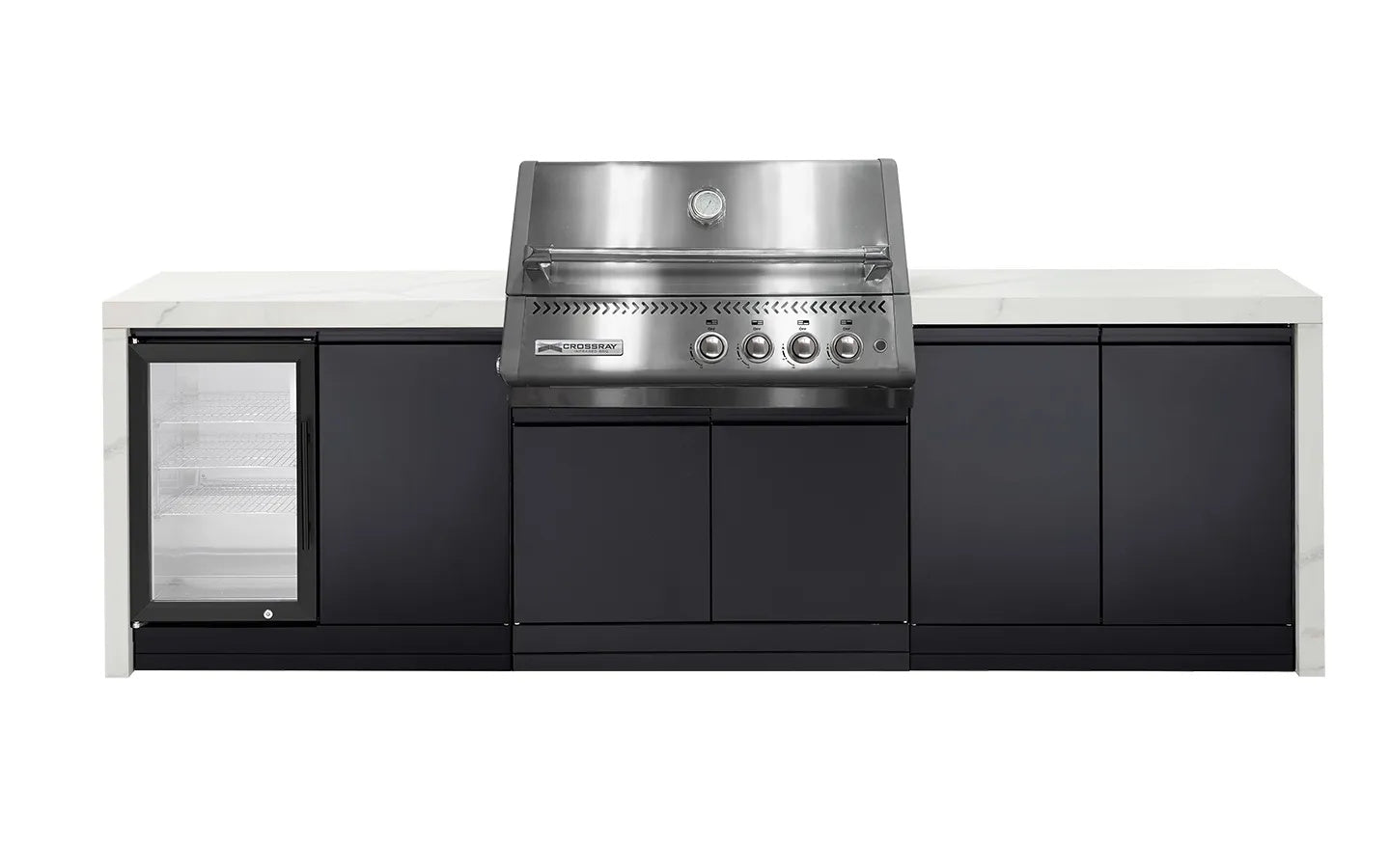 Crossray Xplor Outdoor Kitchen 4 Burner BBQ Single Fridge & Double Side Cabinets