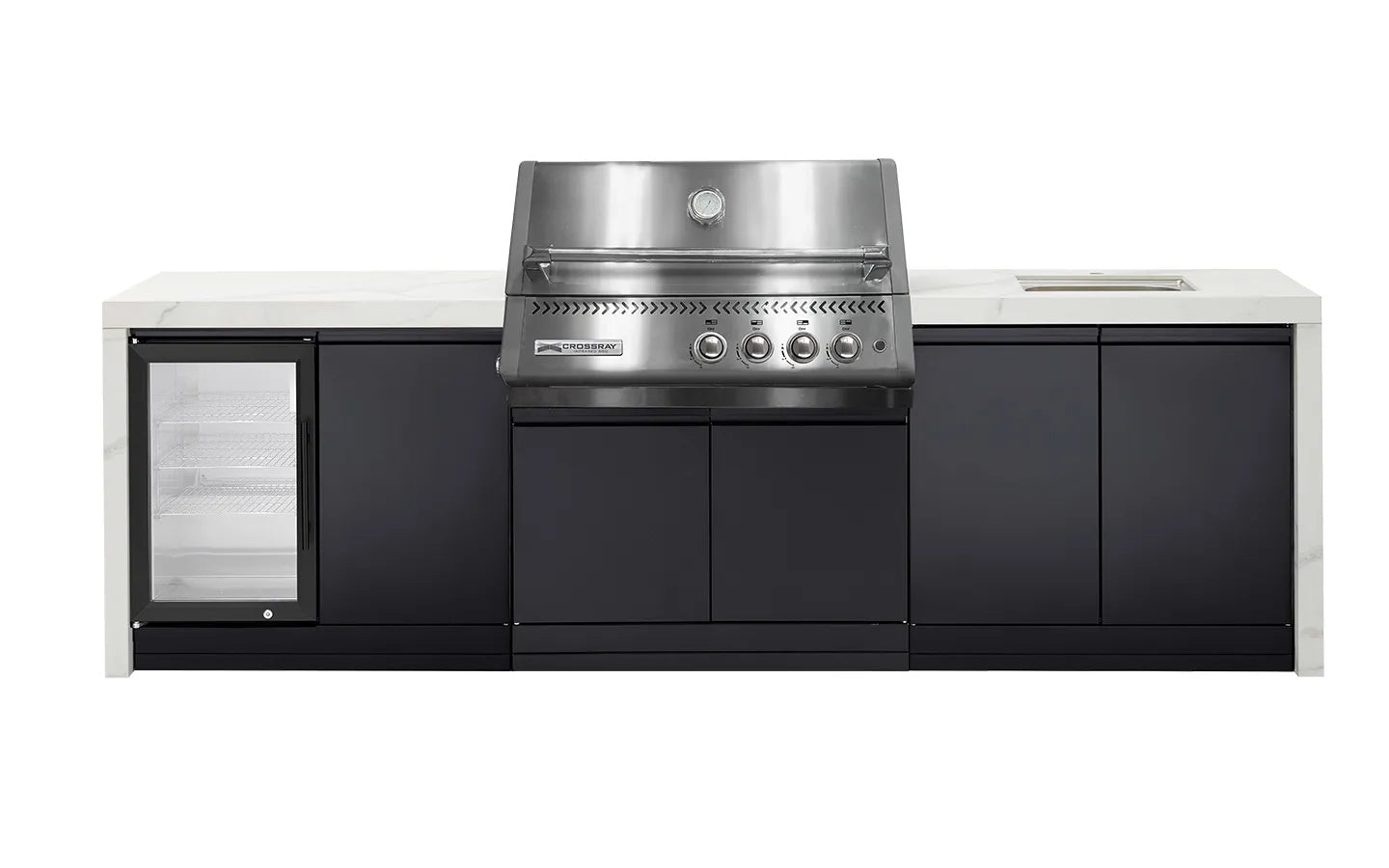 Crossray Xplor Outdoor Kitchen 4 Burner BBQ Single Fridge Sink & Double Side Cabinets
