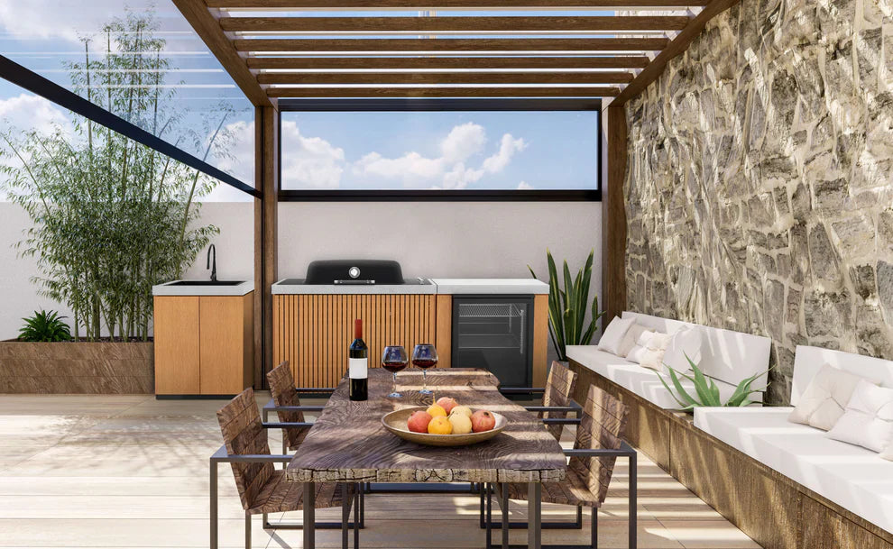 Everdure Seabreeze 3 Burner BBQ Timber Look Modular Outdoor Kitchen with Sink & Beverage Cooler