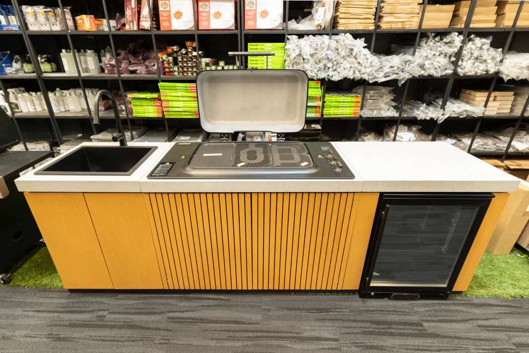 Everdure Seabreeze 3 Burner BBQ Timber Look Modular Outdoor Kitchen with Sink & Beverage Cooler