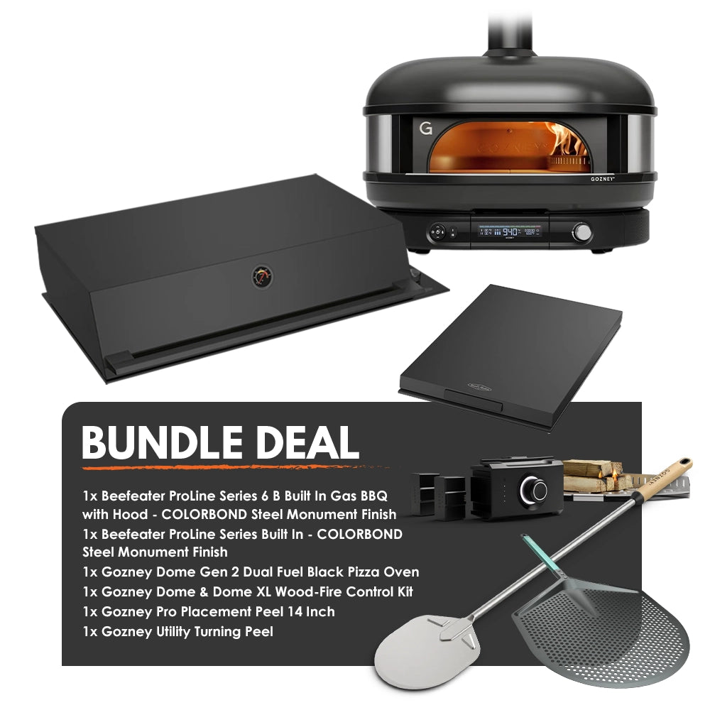 Beefeater Proline 6 Burner BBQ and Side Burner with Monument Finish and Gozney Dome Black Pizza Oven Package
