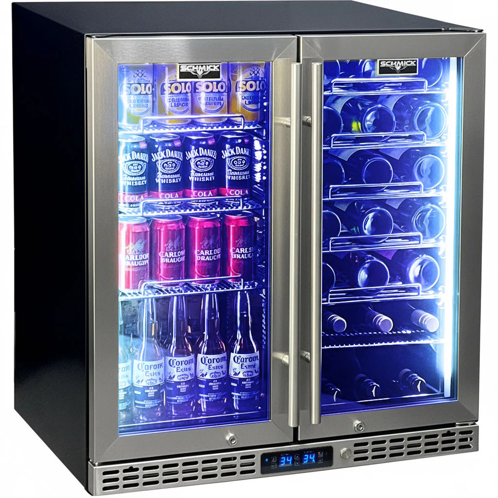 Schmick Under Bench Beer And Wine Dual Zone Stainless Steel Heated Glass Bar Fridge - SK198D-HD - Tucker Barbecues