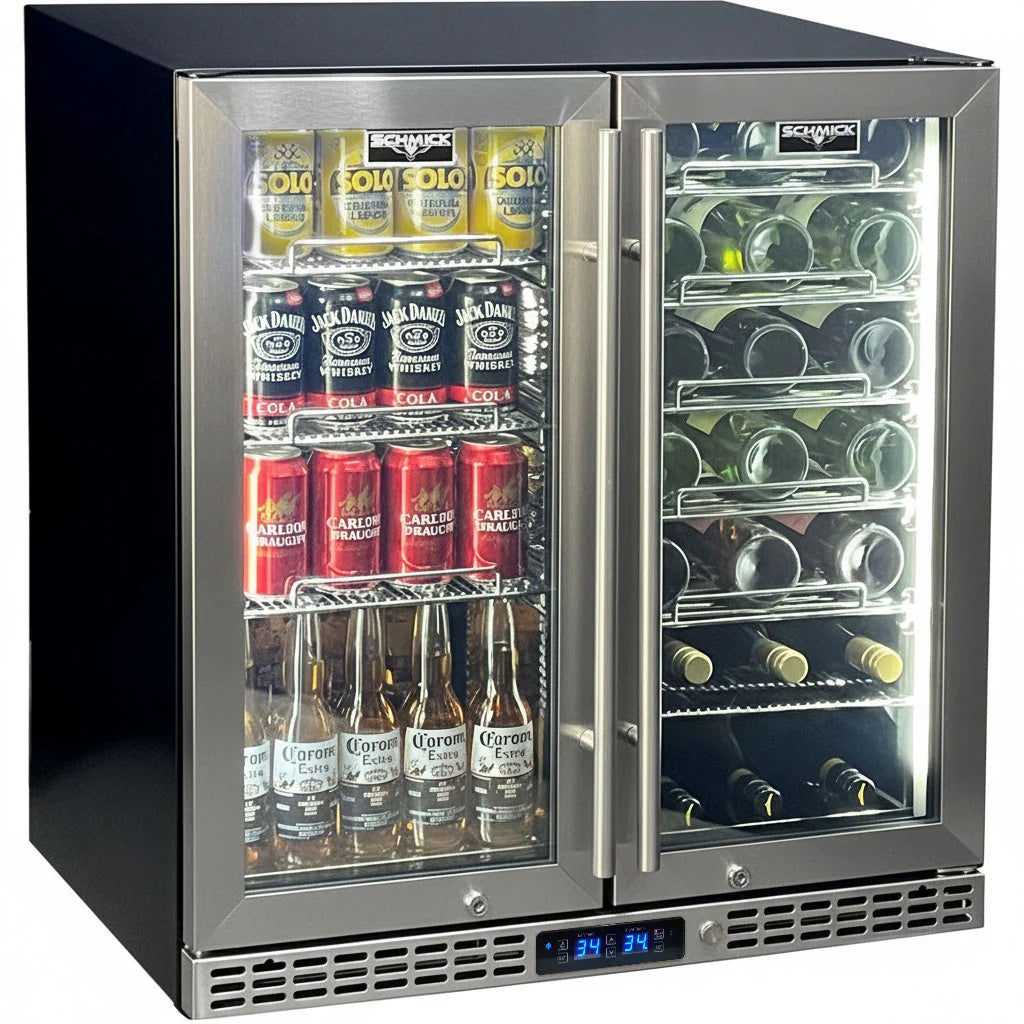 Schmick Under Bench Beer And Wine Dual Zone Stainless Steel Heated Glass Bar Fridge - SK198D-HD - Tucker Barbecues