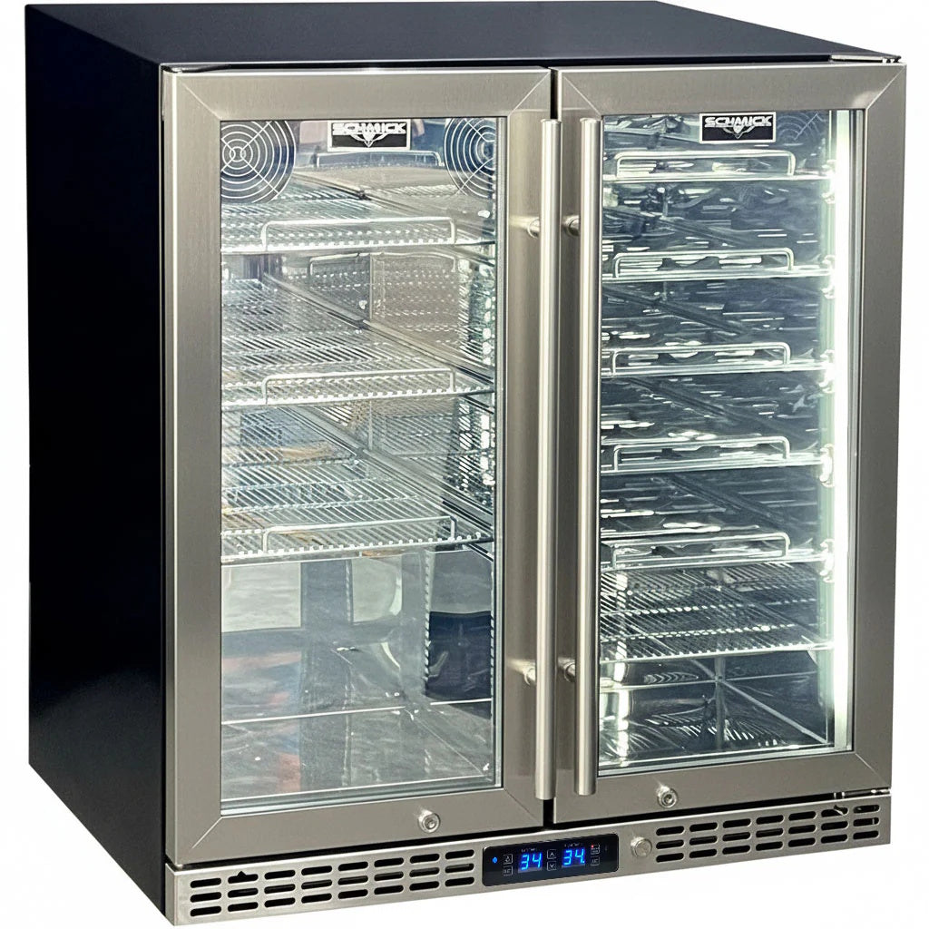 Schmick Under Bench Beer And Wine Dual Zone Stainless Steel Heated Glass Bar Fridge - SK198D-HD - Tucker Barbecues