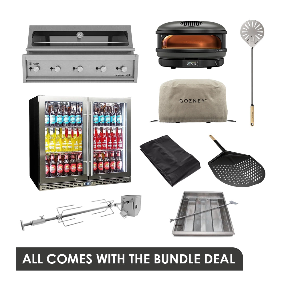 Tucker R Class V10 BBQ Built In BBQ + Gozney Arc XL Black Pizza Oven + Schmick Twin Heated Glass Door Bar Fridge Package Deal