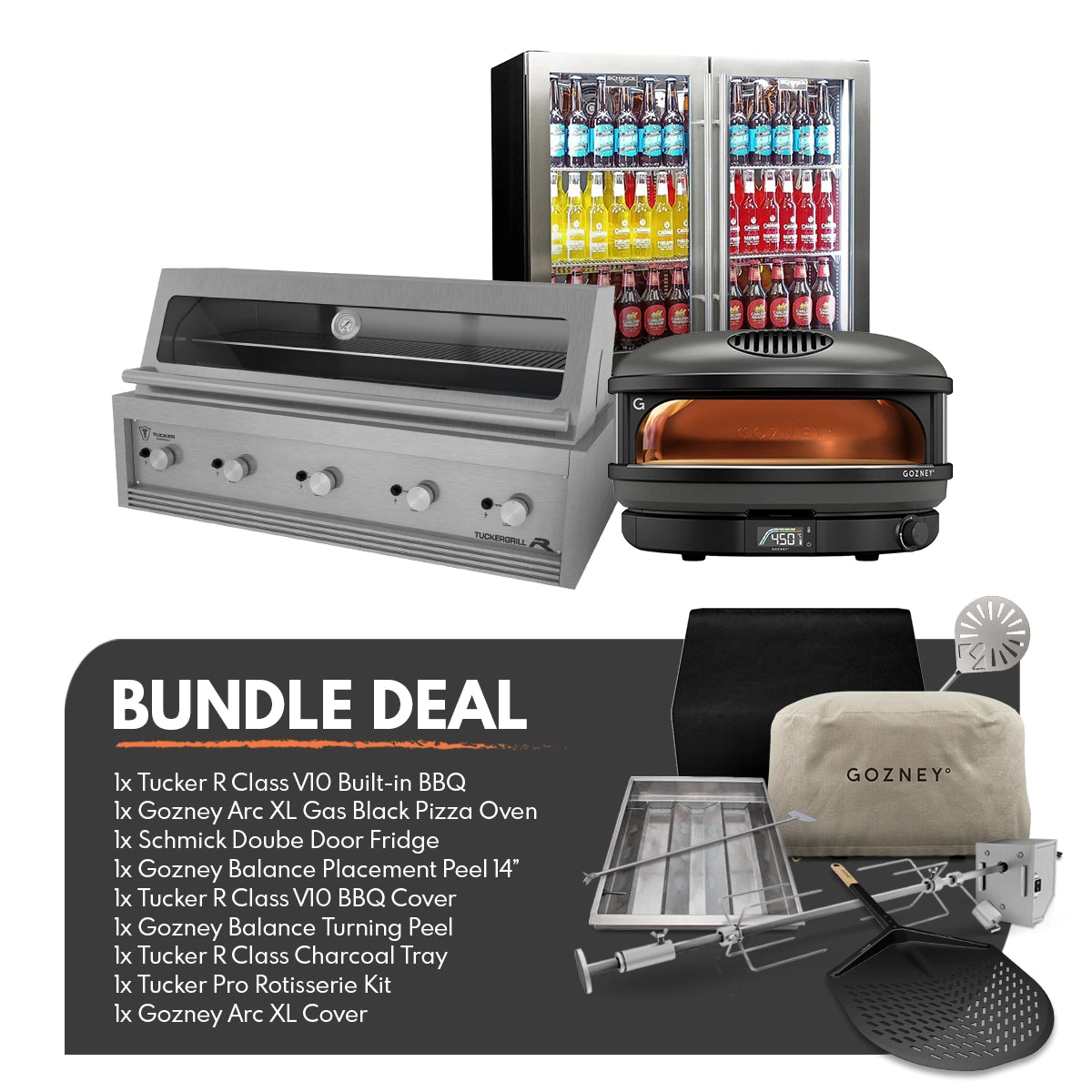 Tucker R Class V10 BBQ Built In BBQ + Gozney Arc XL Black Pizza Oven + Schmick Twin Heated Glass Door Bar Fridge Package Deal