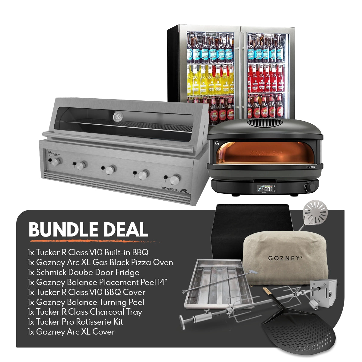 Tucker R Class V10 BBQ Built In BBQ + Gozney Arc XL Black Pizza Oven + Schmick Twin Heated Glass Door Bar Fridge Package Deal