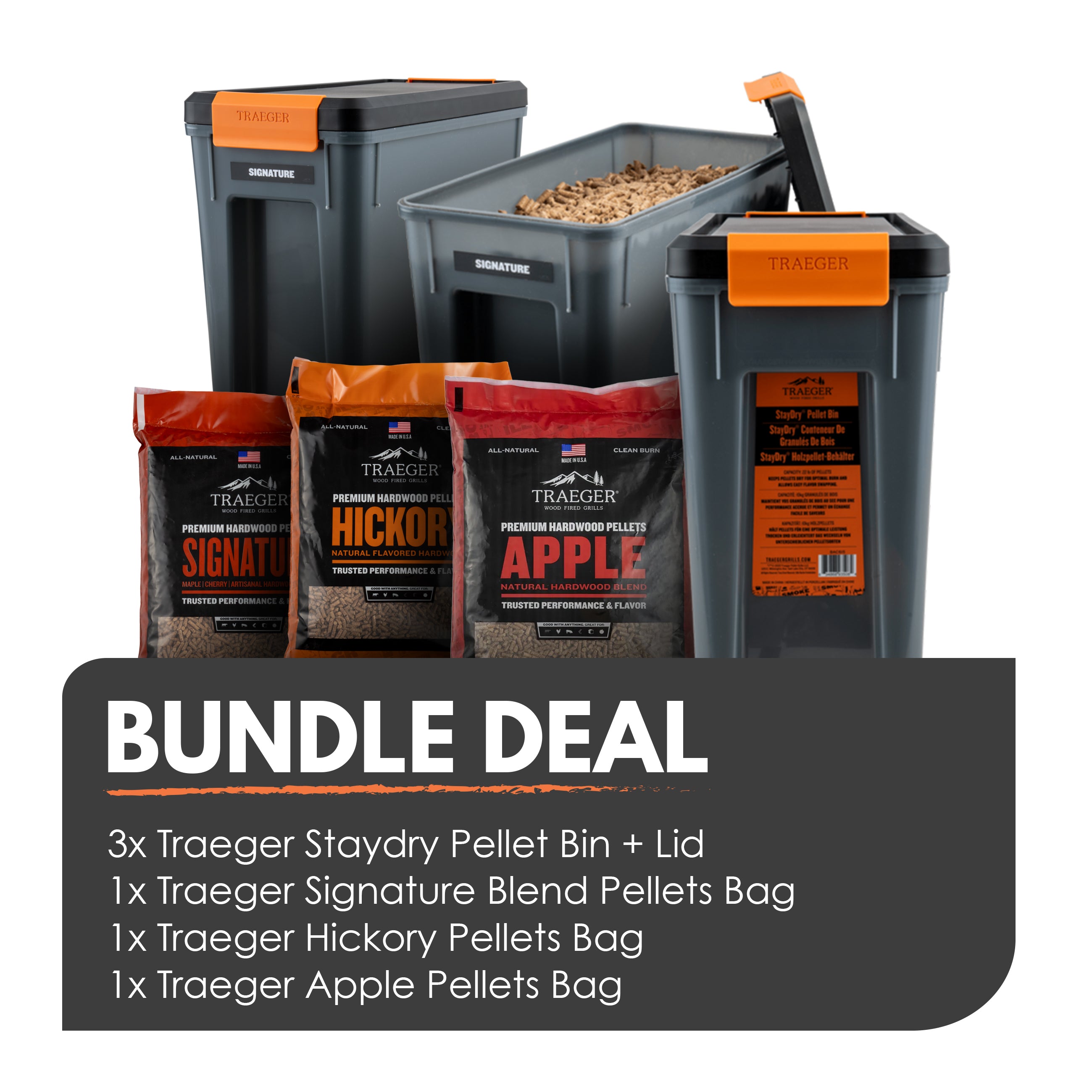 Traeger Staydry Pellet Bin, Lid and 9kg Pellets Bags Bundle