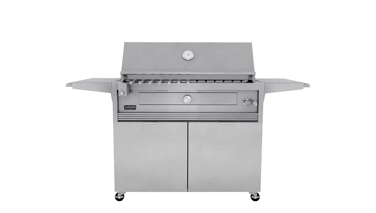 Tucker Charcoal Deluxe Pro XL BBQ on Cabinet with Roasting Hood