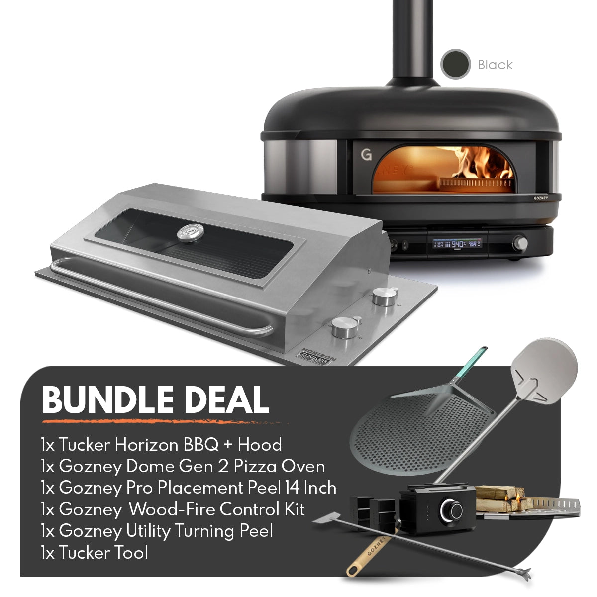 Tucker Horizon Marine Grade BBQ with Hood + Gozney Dome Black Pizza Oven and Accessories Package Deal (Propane)
