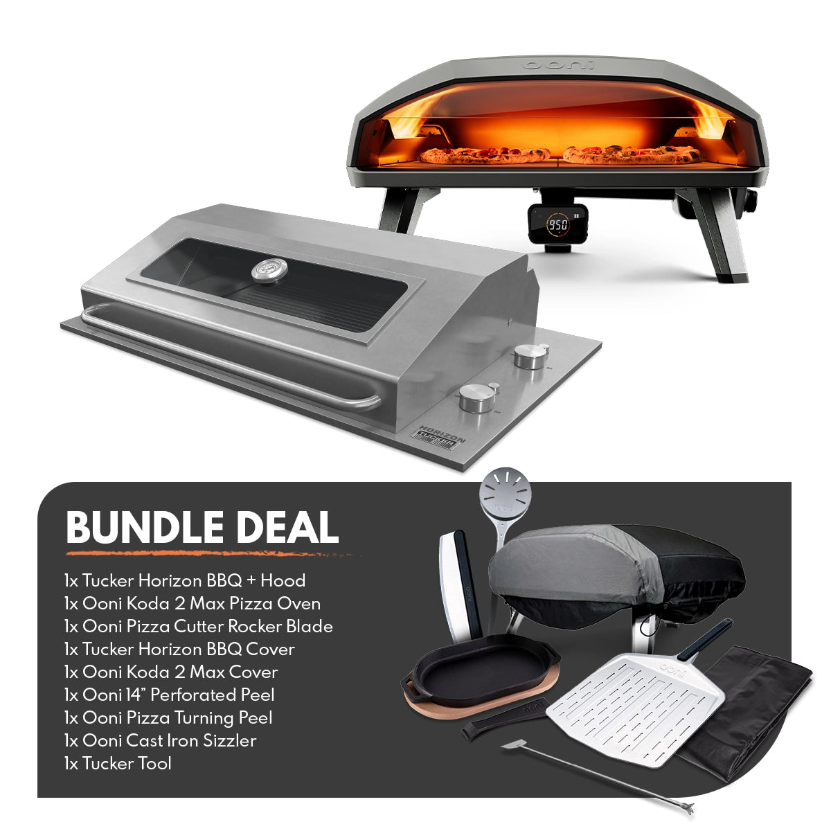 Tucker Horizon Marine Grade BBQ with Hood + Ooni Koda 2 Max Gas Pizza Oven and Accessories Package Deal