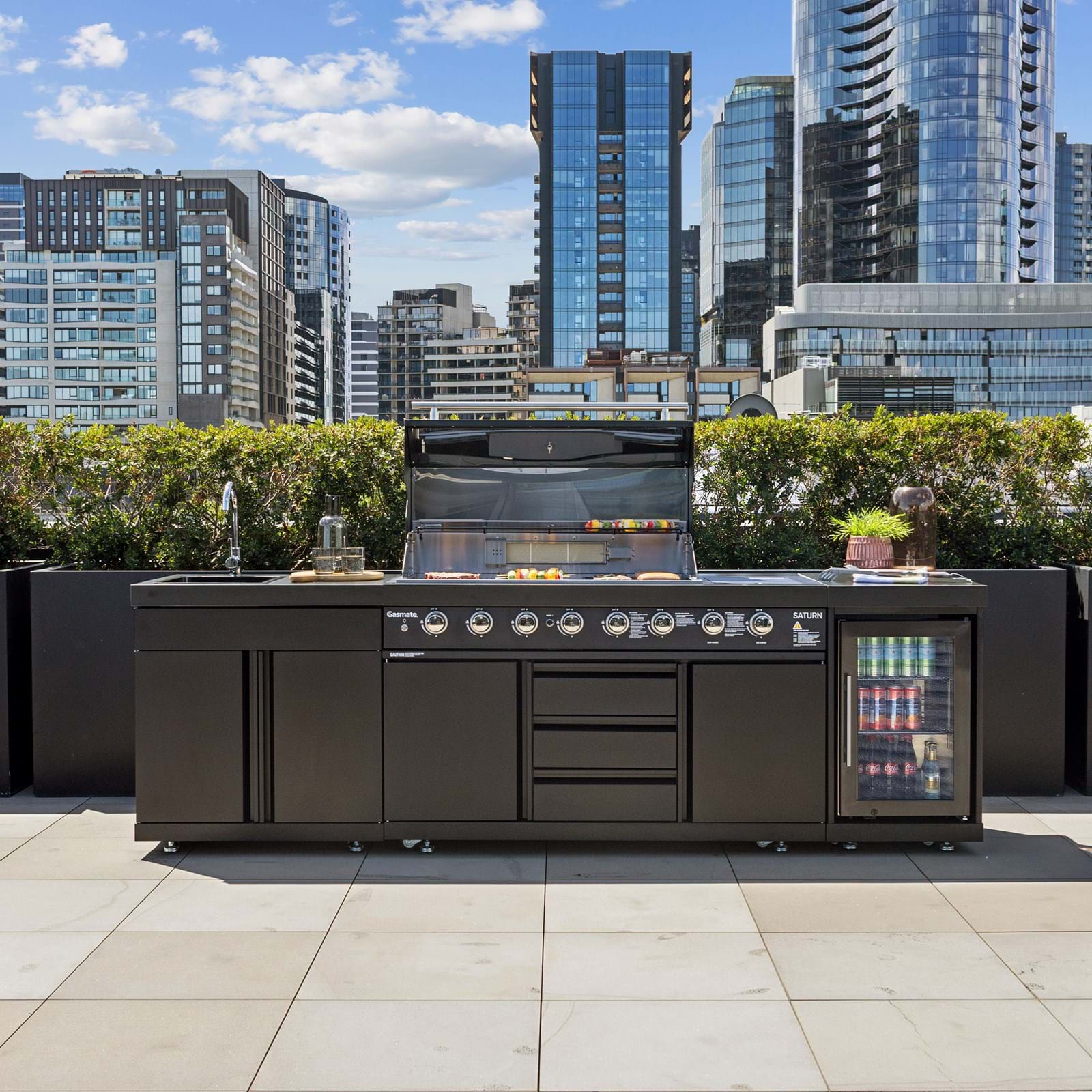 Gasmate Saturn Kitchen with 6 Burner BBQ Sink Module & Single Drinks Fridge - Charcoal