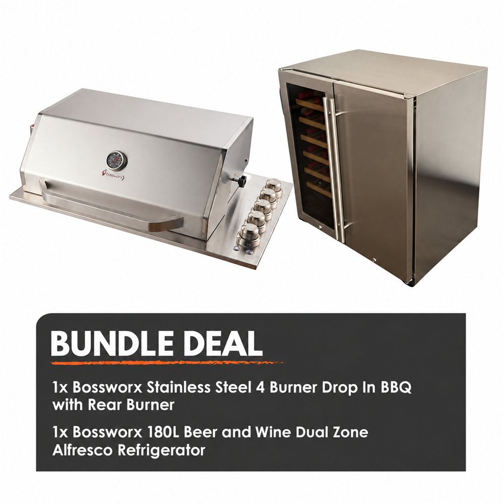 Bossworx 4 Burner Stainless Steel Drop-In BBQ & 180L Dual Zone Alfresco Fridge Bundle